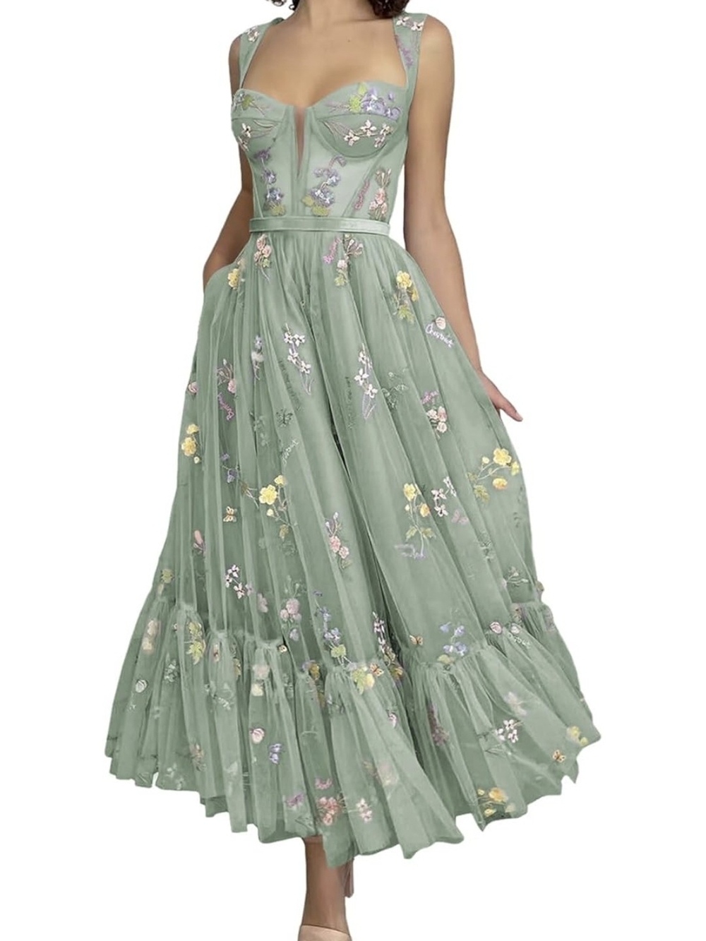 Floral Embroidered Sage Green Midi Dress